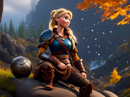 Prompt: <mymodel>CGi Animation, 20-year-old viking woman with blue eyes, she is wearing a tiara, a rainy scene, she is sitting on a boulder in a forest, the viking woman has a subtle smile with it pouring down rain, blonde hair in a ponytail style, she has blue gear, gold armor, black pants, black boots