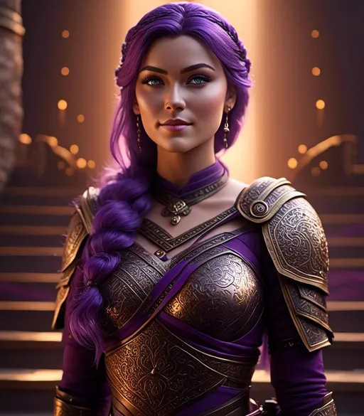 Prompt: <mymodel>CGI Animation, digital art, 20-year-old-old viking woman with light blue eyes, she is overjoyed, purple hair with purple strands, she is standing on a grand stair case, single braid down her shoulder with a tiara, unreal engine 8k octane, 3d lighting, close up camera shot on the face, full armor