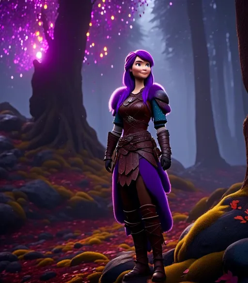 Prompt: <mymodel>CGI Animation, digital art, 20-year-old-old viking woman with light blue eyes, it is raining, she is of royalty standing at night next to a tree with her hands resting on the bark, she is in a dimly lit thick forest with trees everywhere, dense fog, {{black gear, purple armor}}, purple hair, single braid down her shoulder with a tiara, subtle smile, unreal engine 8k octane, 3d lighting, close up camera shot on the face, full armor