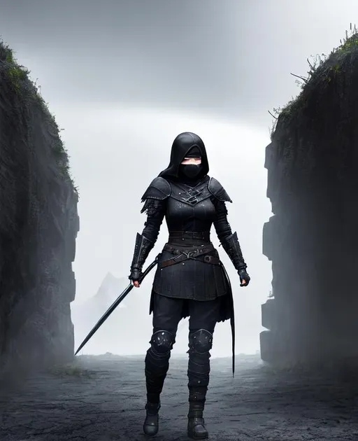 Prompt: Digital Art, a sinister viking woman, black armor, black gear, a black helmet fully covering her face, no face, no eyes, with a black ponytail coming from the helmet, a long black cloak, black bracers, black pants, black boots, unreal engine 8k octane, 3d lightning