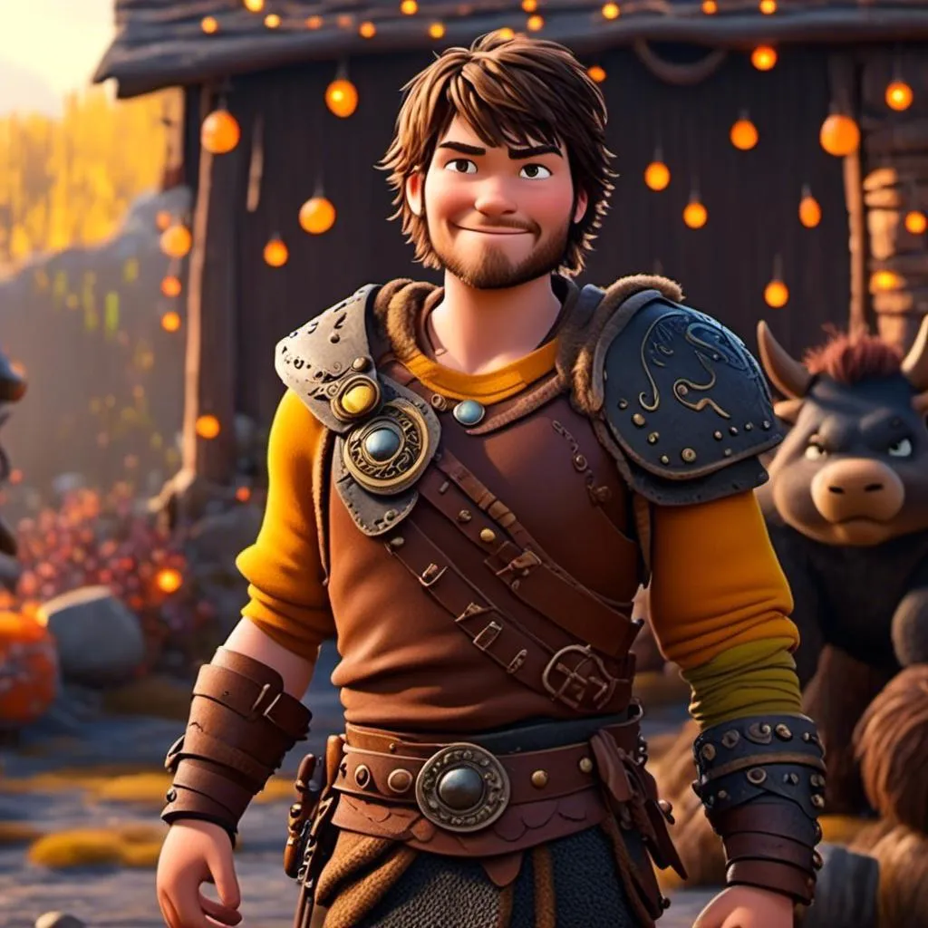 Prompt: <mymodel>CGI Animation of a viking male, light and small body build, young looks, black short wavy hair, brown eyes, bright orange simple gear, yellow highlights and textures, full body picture, standing in a viking village, intricate details, high quality, digital painting, bright energetic tones, dramatic lighting