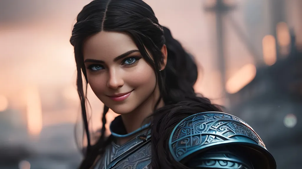 Prompt: she has black hair, create most beautiful fictional female viking warrior, hopeful smile, black hair, light blue eyes, extremely detailed environment, detailed background, intricate, detailed skin, professionally color graded, photorealism, 8k, moody lighting