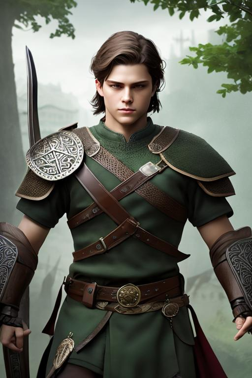 Prompt: he has short brown hair, create most handsome fictional male viking warrior, short brown hair, light green eyes, extremely detailed environment, detailed background, intricate, detailed skin, professionally color graded, photorealism, 16k, moody lighting