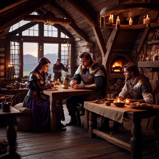 Prompt: Photo of a young <mymodel> sitting at the supper table with her husband a young Jarl Mollerson with short brown hair and no beard in their viking house