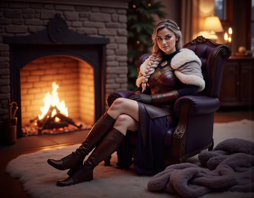 Prompt: @pPnVxWGy97w3Vtk0Z9dB Cozy scene at home, sitting in an elegant chair by a crackling fire, warm flickering light illuminating the room, soft textures of blankets and cushions, inviting atmosphere, shadows dancing along the walls, living room decor adding warmth and personality, ultra-detailed and high-definition, capturing the peaceful ambiance of a winter evening.