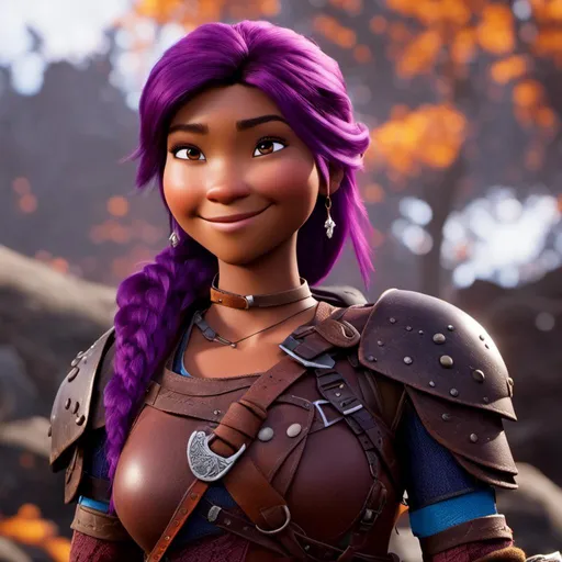 Prompt: <mymodel>CGi Animation, 20-year-old viking woman with one hair braid, subtle smile, purple hair, light blue eyes, {{purple gear, purple armor}}, silver textures and highlights, unreal engine 8k octane, 3d lighting, full body, full armor