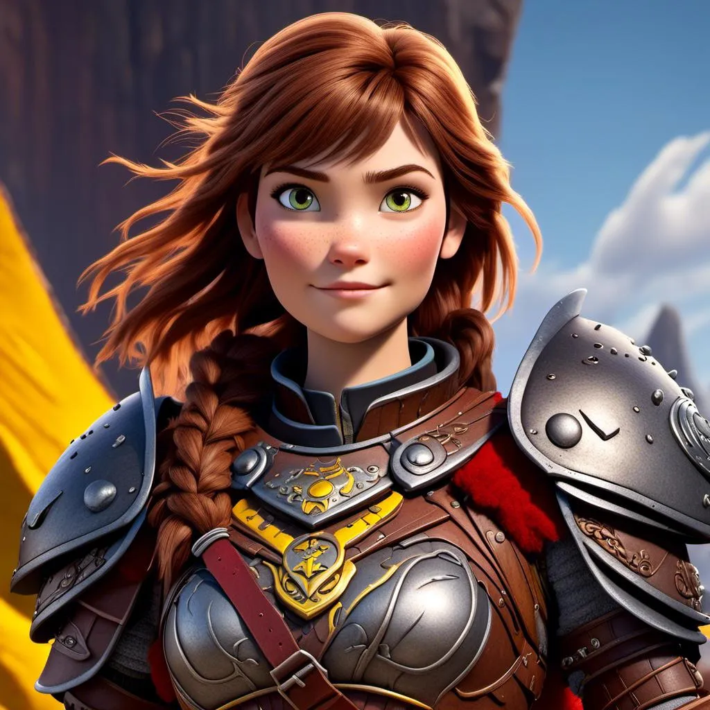 Prompt: <mymodel>CGI Animation of a viking female, brown hair, hazel eyes, bright red gear and armor, yellow highlights and textures, intricate details, high quality, digital painting, cool tones, dramatic lighting