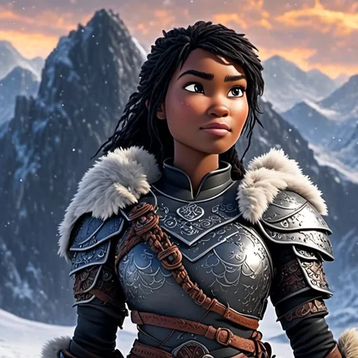Prompt: <mymodel>animated CGI style, caucasian white, black hair, viking female warrior, detailed braided hair and battle scars, rugged and weathered armor, intense and determined gaze, snowy and rugged landscape, fierce, warrior, detailed hair, battle scars, snowy landscape, intense gaze, weathered armor, dramatic lighting
