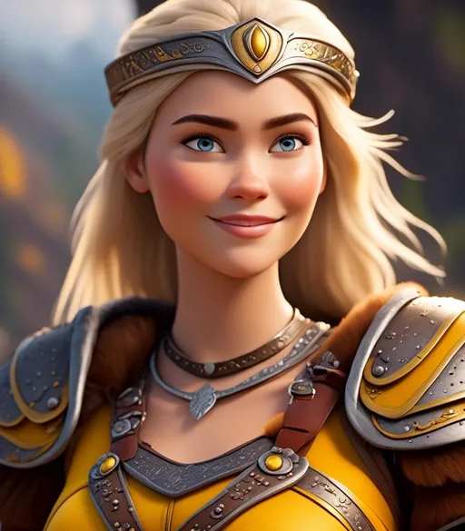 Prompt: <mymodel>CGI Animation, digital art, 20-year-old-old viking woman with light blue eyes, yellow clothes, gold colored armor, white hair, straight hair with a tiara, subtle smile, unreal engine 8k octane, 3d lighting, close up camera shot on the face, full armor