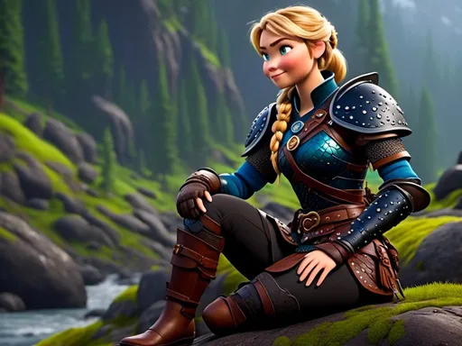 Prompt: <mymodel>CGi Animation, 20-year-old viking woman with blue eyes, a rainy scene, she is sitting on a boulder in a forest with it raining, the viking woman has a subtle smile, blonde hair in a ponytail style, she has blue gear, gold armor, black pants, black boots