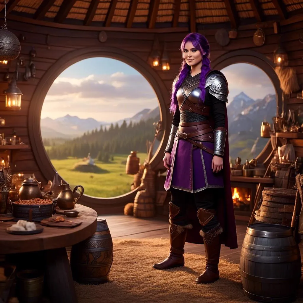 Prompt: Photo of <mymodel> viking in the style of 3D animation from "How to Train Your Dragon" standing in her viking hut