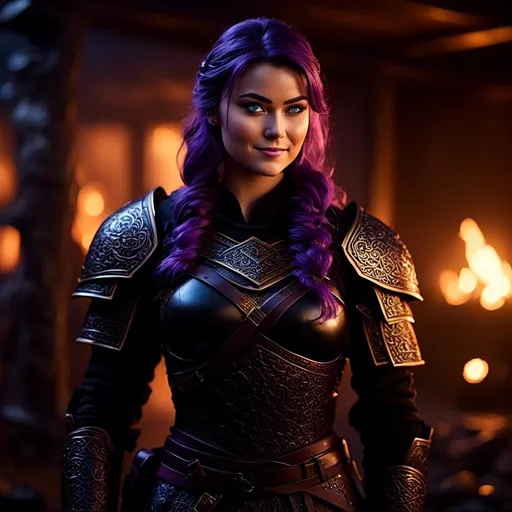 Prompt: <mymodel>25-year-old viking woman, a subtle smile, light blue eyes, black gear, bright black armor, black textures and highlights, standing in a dimly lit viking house, with glowing algae, short focus, blurry background, unreal engine 8k octane, 3d lighting, full body, full armor