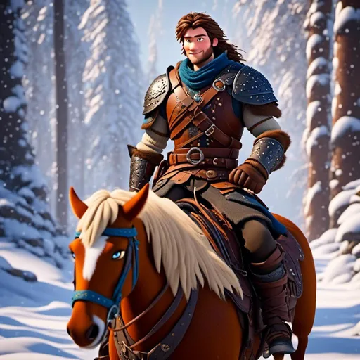 Prompt: <mymodel>CGI Animation, 20-year-old pirate man, rides a palomino horse through the snowy, a snowy scene, {{brown gear, silver armor}}, brunette hair, dreadlocks, subtle smile, beads hair, multiple braids, straight hair, blue eyes, bracelets, rings on fingers, mercenary gear, unreal engine 8k octane, 3d lighting, full body, full armor