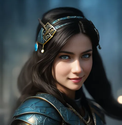 Prompt: she has black hair, create most beautiful fictional female princess viking warrior, hopeful smile, black hair, light blue eyes, extremely detailed environment, detailed background, intricate, detailed skin, professionally color graded, photorealism, 8k, moody lighting