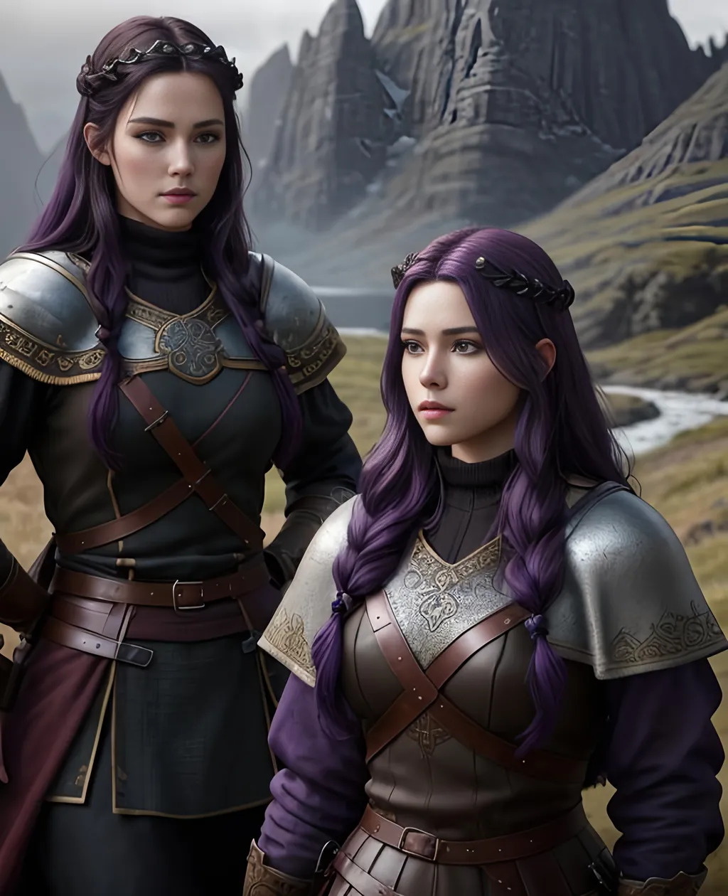 Prompt: create 2 of the most beautiful fictional female viking princesses one with dark purple hair and the other with black hair, also create a distinguished viking male prince with brown hair, an extremely detailed environment, detailed background, intricate, detailed skin, professionally color graded, photorealism, 8k, moody lighting