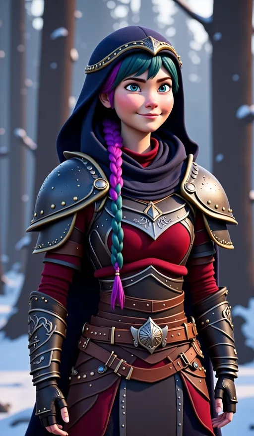 Prompt: <mymodel>CGI Animation, digital art, 20-year-old-old viking woman with violet eyes, Dark red Long sleeve shirt, skirt with dragon teeth on it, wears the snow wraith hood, ((dark dark blue hair with teal, pink and purple streaks)), standing snowy forest, subtle smile, unreal engine 8k octane, 3d lighting, close up camera shot on the face, full armor
