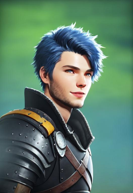 Prompt: Digital art, 22-year-old viking man, black hair. yellow armor, blue gear, medium-length black hair, subtle smile, black stubble beard, hazel eyes, adventurer, blue sky background, unreal engine 8k octane, 3d lighting