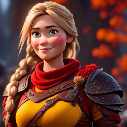 Prompt: <mymodel>CGi Animation, 20-year-old viking woman with one hair braid, subtle smile, blonde hair, blue eyes, blue gear, yellow armor, red clothes, yellow textures and highlights, unreal engine 8k octane, 3d lighting, full body, full armor