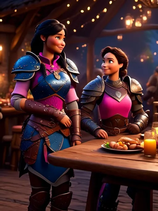 Prompt: <mymodel>CGI Animation, digital art, 20-year-old-old viking woman of royalty standing a busy tavern having a meal with a woman friend, {{pink gear, blue armor}}, black hair, straight hair with a tiara, subtle smile, unreal engine 8k octane, 3d lighting, close up camera shot on the face, full armor