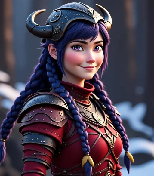 Prompt: <mymodel>CGI Animation, digital art, 20-year-old-old viking woman with violet eyes, Dark red Long sleeve shirt, skirt with dragon teeth on it, wears the snow wraith hood, ((dark dark blue hair with teal, pink and purple streaks)), subtle smile, unreal engine 8k octane, 3d lighting, close up camera shot on the face, full armor