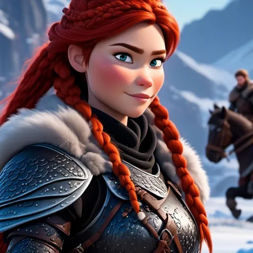 Prompt: <mymodel>High-quality CGI animation of a 40-year-old viking woman with red hair, wearing black gear and armor, standing on a snowy plain with a white dragon. White dragon with light blue highlights, woman with dreadlocks and braids, light blue eyes, snowy landscape, detailed visual effects, fantasy, snowy setting, cool tones, detailed character design, professional CGI, dramatic lighting, highres, detailed rendering