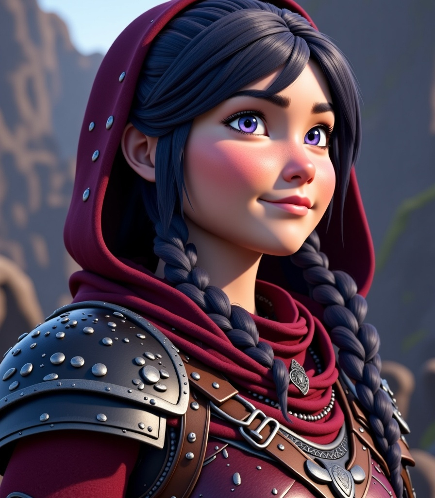 Prompt: <mymodel>CGI Animation, digital art, 20-year-old-old viking woman with violet eyes, Dark red Long sleeve shirt, skirt with dragon teeth on it, wears the snow wraith hood, ((dark dark blue hair with teal, pink and purple streaks)), subtle smile, unreal engine 8k octane, 3d lighting, close up camera shot on the face, full armor