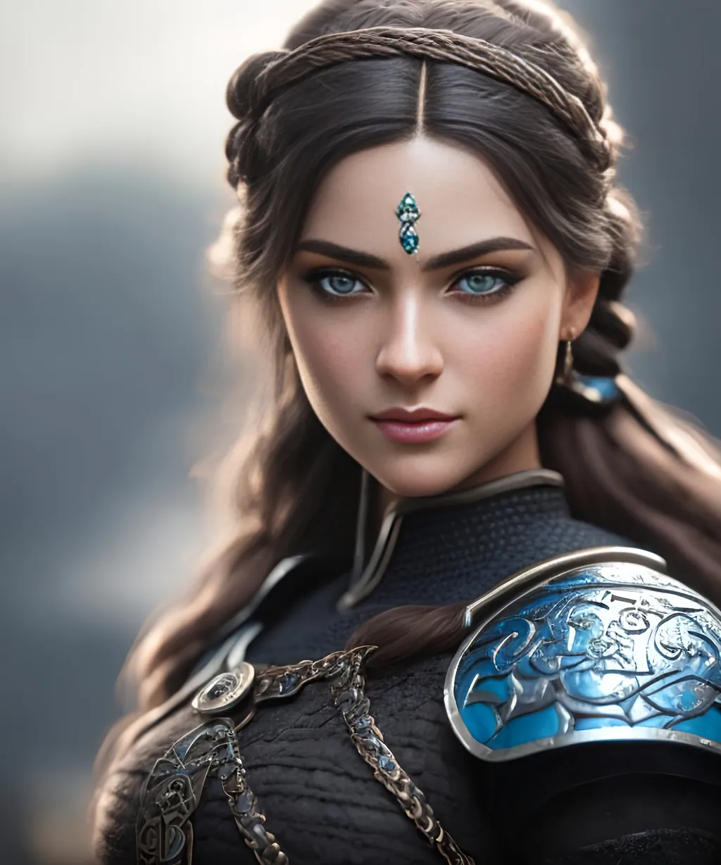 Prompt: she has black hair, create most beautiful fictional female viking princess warrior, black hair, light blue eyes, extremely detailed environment, detailed background, intricate, detailed skin, professionally color graded, photorealism, 8k, moody lighting