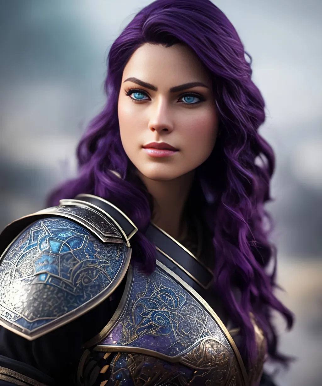 Prompt: she has dark purple hair, create most beautiful fictional female viking warrior, dark purple hair, light blue eyes, battle gear, full armor, extremely detailed environment, detailed background, intricate, detailed skin, professionally color graded, photorealism, 8k, moody lighting