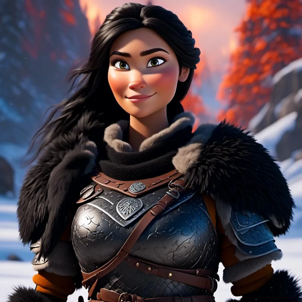 Prompt: <mymodel>CGi Animation, 25-year-old viking woman warrior with brown eyes, a snowy scene, the viking woman has a subtle smile, black hair, she has black gear, black armor, black textures, black pants, black boots