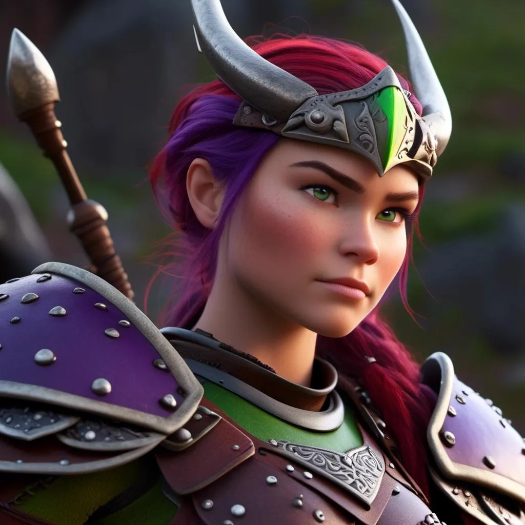 Prompt: <mymodel>Animated CGI style of a fierce Caucasian white Viking female about 25 years old, purple hair, detailed facial features, leather armor ((red)) and green armor, battle axe and shield, intense and determined expression, dynamic and powerful pose, high definition, CGI, detailed armor, fierce female, Nordic designs, battle-ready, dynamic pose, professional lighting