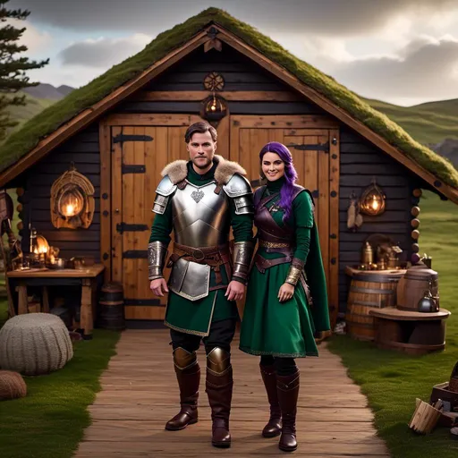 Prompt: Photo of <mymodel> standing in his hut with her husband Jarl Everson who has brown short wavy hair and green gear