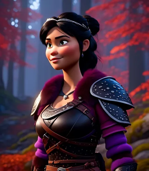 Prompt: <mymodel>CGI Animation, digital art, 20-year-old-old viking woman of royalty standing in a dimly lit forest with fog, light blue eyes, {{black gear, purple armor}}, black hair, single braid down her shoulder with a tiara, subtle smile, unreal engine 8k octane, 3d lighting, close up camera shot on the face, full armor