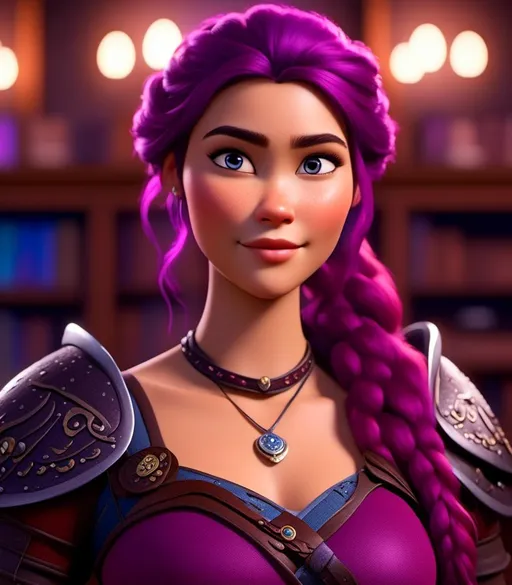 Prompt: <mymodel>CGI Animation, digital art, 20-year-old-old viking woman with light blue eyes, she is standing in her library, she is of royalty, {{black gear, purple armor}}, purple hair, single braid down her shoulder with a tiara, subtle smile, unreal engine 8k octane, 3d lighting, close up camera shot on the face, full armor