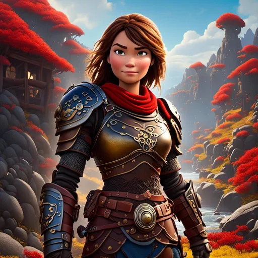 Prompt: <mymodel>CGI Animation of a viking female, brown hair in her face, hazel eyes, bright red gear and armor, yellow highlights and textures, full body armor, she has heavy gauntlets on her hands with armored gloves, standing in a viking village, intricate details, high quality, digital painting, cool tones, dramatic lighting