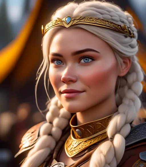 Prompt: <mymodel>CGI Animation, digital art, 20-year-old-old viking woman with light blue eyes, yellow clothes, gold colored armor, white hair, double braids down her shoulders with a tiara, subtle smile, unreal engine 8k octane, 3d lighting, close up camera shot on the face, full armor