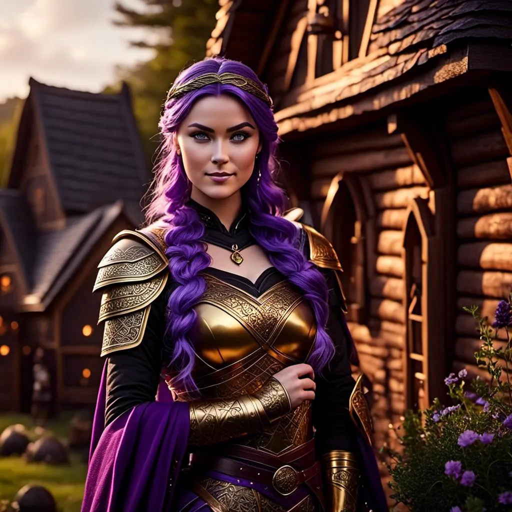 Prompt: Photo of <mymodel> tending to her garden beside her viking house