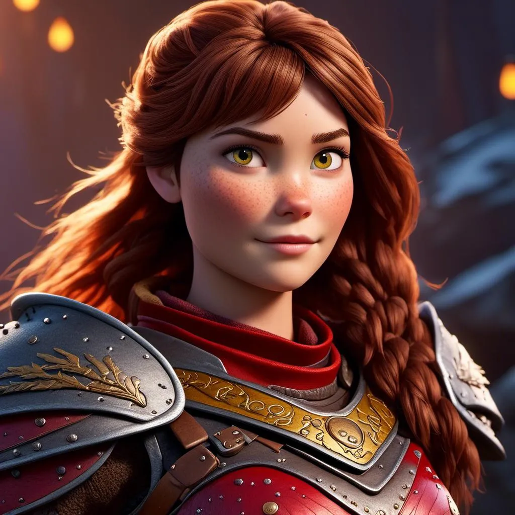 Prompt: <mymodel>CGI Animation of a viking female, brown hair, hazel eyes, bright red gear and armor, yellow highlights and textures, intricate details, high quality, digital painting, cool tones, dramatic lighting