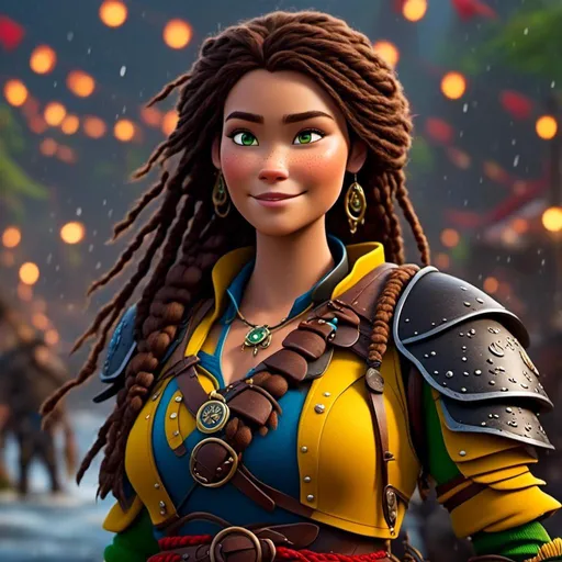 Prompt: <mymodel>CGI Animation, 20-year-old-old pirate woman, a rainy scene, {{yellow gear, blue armor}}, brunette hair, dreadlocks, subtle smile, beads hair, small red earrings, multiple braids, yellow gear, straight hair, green eyes, bracelets, rings on fingers, mercenary gear, unreal engine 8k octane, 3d lighting, full body, full armor