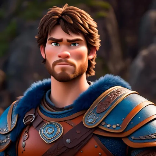 Prompt: <mymodel>Animated CGI style of a fierce 24-year-old Caucasian Viking with dark hair, light body build, intense gaze, realistic (bright blue armor) with highlights of orange textures, high quality, CGI, realistic, intense gaze, viking, male, Caucasian, detailed facial features, high res, professional, intense lighting