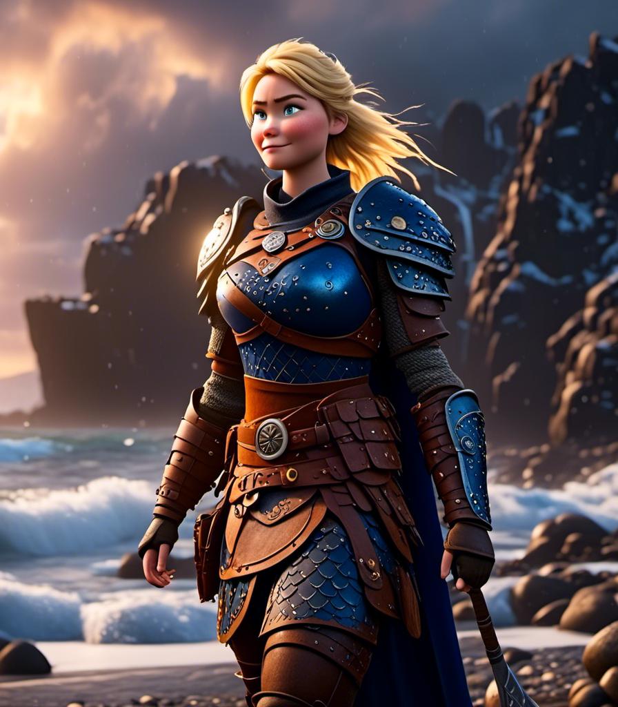 Prompt: <mymodel>CGI Animation, digital art, 20-year-old-old viking woman with blue eyes standing around several hot springs on a beach, ((blue clothes, blue colored armor,)) raging storm lighting, blonde straight hair, subtle smile, unreal engine 8k octane, 3d lighting, cinematic lighting, camera shot of full armor from head to toe