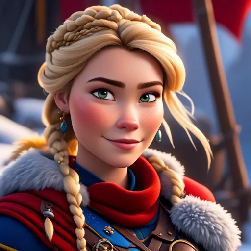 Prompt: <mymodel>CGI Animation, close-up portrait of the face, 20-year-old-old pirate woman sitting on a snow bank, a snowy scene, {{yellow gear, blue armor}}, blonde hair, an updo style of hair with a faded buzz cut on the side of the head, subtle smile, beads hair, small red earrings, multiple braids, yellow gear, straight hair, green eyes, bracelets, rings on fingers, mercenary gear, unreal engine 8k octane, 3d lighting, close up camera shot on the face, full armor