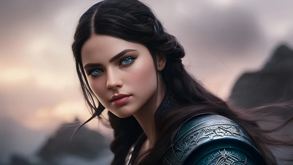 Prompt: she has black hair, create most beautiful fictional female viking princess warrior, black hair, light blue eyes, extremely detailed environment, detailed background, intricate, detailed skin, professionally color graded, photorealism, 8k, moody lighting