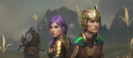 Prompt: create a female and male viking warriors, the female has purple hair and is holding and axe, her gear is black and silver.

The male has short brown hair with a gold helmet and holds a sword, his gear is shades of green with brown leather

They are in a grassy field