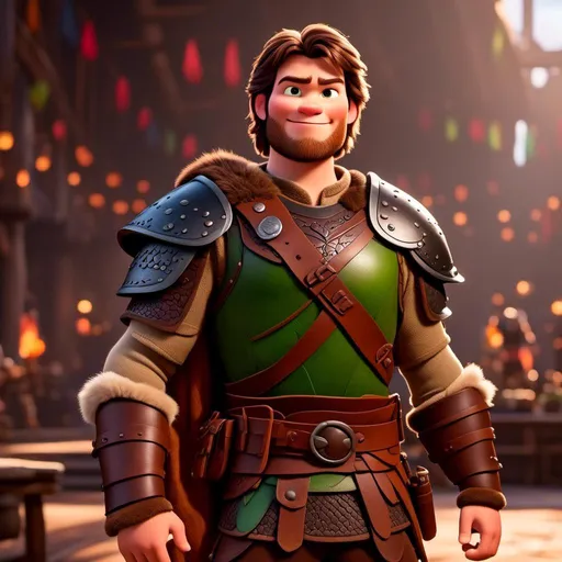 Prompt: <mymodel> viking man, lawyer, thin, small stature, standing in The Great Hall, medium length brown hair, brown eyes, no armor, European-like brown gear, brown leather vest, long sleeve green shirt underneath the brown leather vest, black highlights on his clothes, brown pants, brown boots, historical, strong and natural lighting