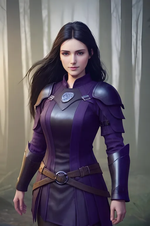 Prompt: Digital Art, 25-year-old viking woman, purple gear, purple clothes, subtle smile, black straight hair, dark purple eyes, a dark purple long-sleeve shirt, textured skirt down to knees, dark purple pants, dark purple armor, long black hair with volume, middle part in hair, leather boots, dark purple gear, unreal engine 64k octane, hdr, 3d lighting, full body, full armor