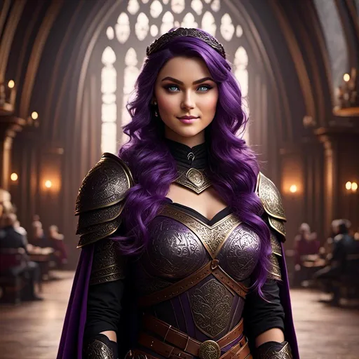 Prompt: Photo of <mymodel> standing in The Great Hall from How to Train Your Dragon with her husband Jarl Everson who is 24-years old who has brown (((short))) wavy hair