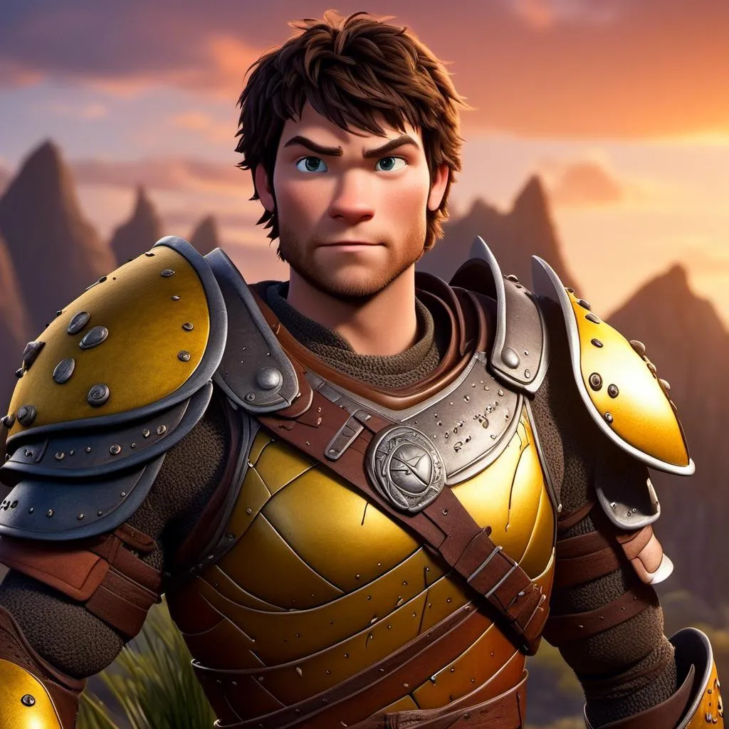 Prompt: <mymodel>Animated CGI style of a fierce 24-year-old Caucasian Viking with dark hair, light body build, intense gaze, realistic (yellow light armor) with highlights of orange textures, high quality, CGI, realistic, intense gaze, viking, male, Caucasian, detailed facial features, highres, professional, intense lighting