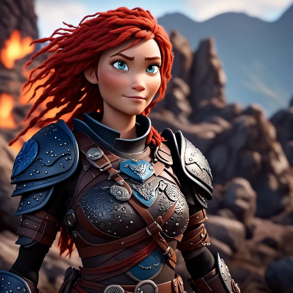 Prompt: <mymodel>CGI Animation of a viking woman of 40 years old, red hair with dreadlocks, blue eyes, all black gear and armor, leather highlights and textures, dragon scale textures and armor, intricate details, high quality, digital painting, cool tones, dramatic lighting