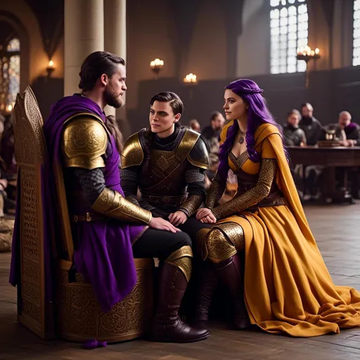 Prompt: Photo of a young <mymodel> sitting at the in The Great Hall discussing politics with her husband a young Jarl Mollerson, he has short brown hair and no beard