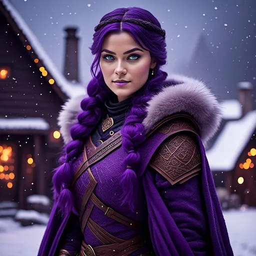 Prompt: Photo of <mymodel> she has a single braid down her shoulder with a heavy purple fur coat wearing a hood with a purple fur edge, she is in a viking village standing as snow falls